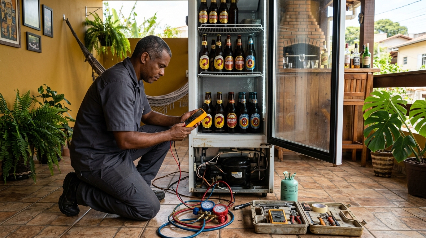 Placa eletrônica de cervejeira em reparo na bancada em Natal‑RN