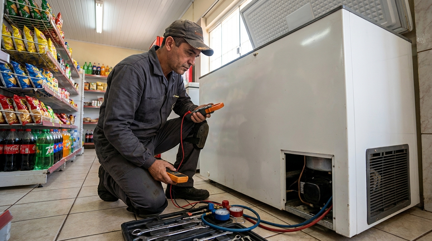 Reparo da placa eletrônica de um freezer em atendimento em Natal‑RN