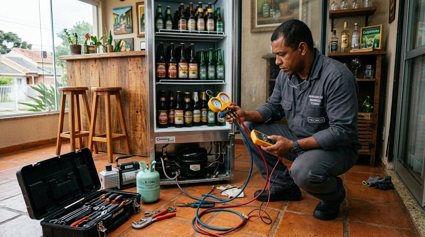 Técnico revisando o motor de uma cervejeira durante chamado em Natal‑RN