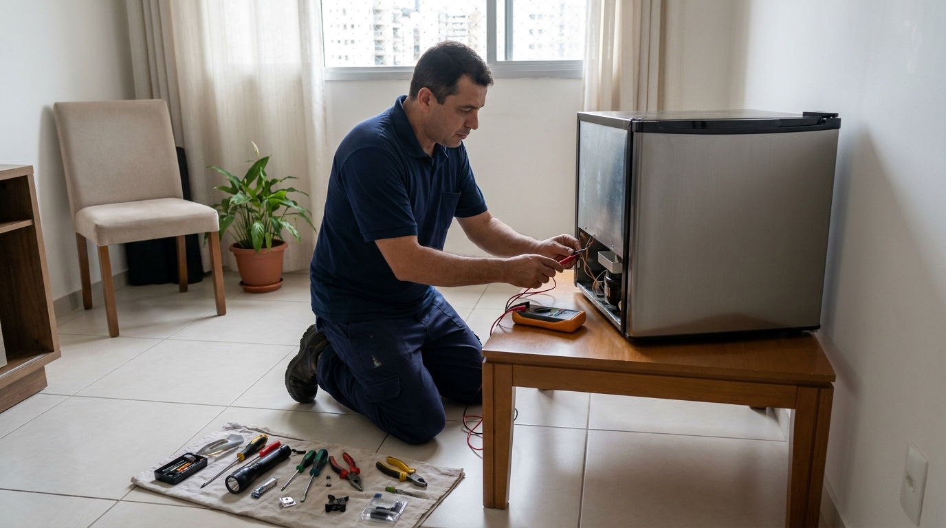 Técnico revisando o motor de um frigobar em Natal‑RN
