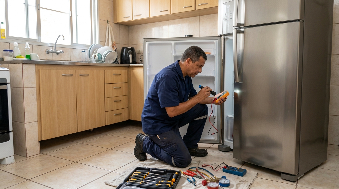 Técnico fazendo recarga de gás em geladeira de cliente em Natal‑RN